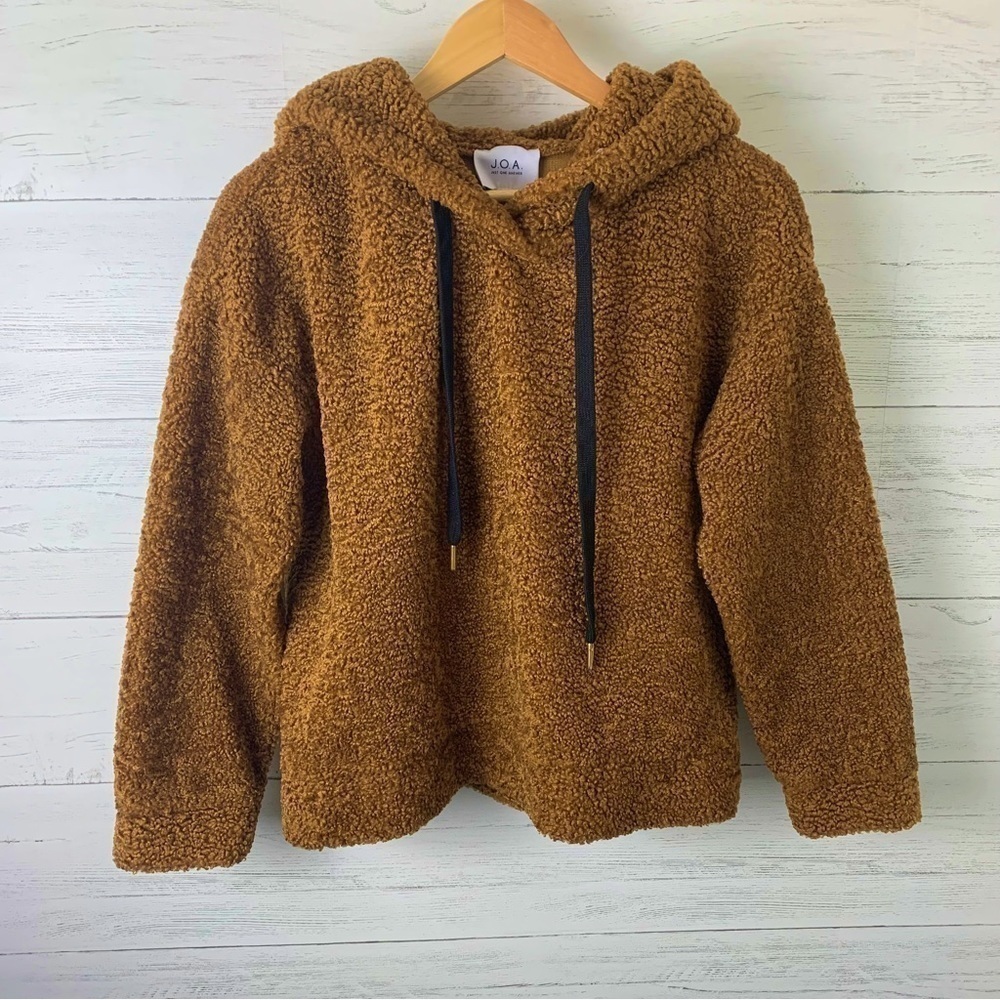 J.O.A. Sherpa Hoodie Maple Brown Fleece Drawstring Relaxed Fit Small